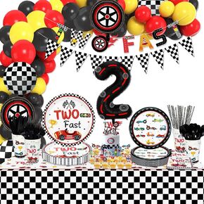 245pcs اثنان من زخارف عيد ميلاد سباق سريع للسباق - بالونات سيارات السباق ، لافتة ، لوحات ، مناديل ، أكواب ، توببر الكعكة ، مفرش المائدة ، لحفلة عيد ميلاد الأولاد الذين يبلغون من العمر عامين ، يخدم 20 ضيفًا
