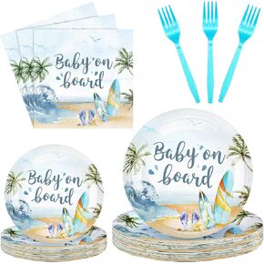 Sunnyray 96 Pieces Surfboard Baby Shower Plates and Napkins Baby on Board Shower Party Supplies Dessert Plates Napkins Forks for 24 Guests
