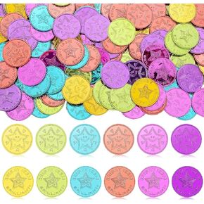 Tondiamo 240 PCS Colorful Star Coins Bulk Bright Idea! عملات معدنية من العملات البلاستيكية مكافأة الرموز المزدوجة على جانب العملات المعدنية على وجه الجوانب العملات المعدنية تشجيع العملات المعدنية لعائلة مدرس المدرسي في المدرسة
