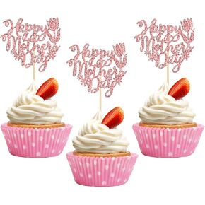 Gyufise 24pcs عيد أم سعيد Cupcake Cupcake Topcake Glitter Heart Love Mother Birthday Cupcake تختار الزخارف لأفضل أمي عشية عيد ميلاد عيد ميلاد سعيد اللوازم Multi