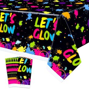 8 Pack Glow Neon Party TableCloths Supplies - دعنا نتوهج غطاء طاولة عيد ميلاد البلاستيك ، مستطيل النيون في جميع أنحاء قطعة قماش طاولة للطباعة لزخارف الطرف الأسود ، 51 "x86.6"