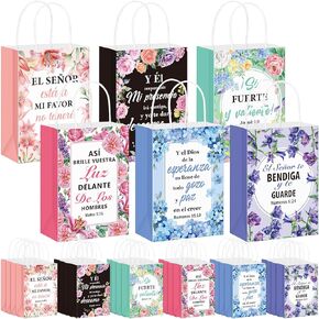 Kolldenn 24 Pcs Religious Gift Bags Spanish Bible Verse Treat Pouches Inspirational Flower Paper Bags with Handles Christian Church Gifts Bulk for Women Birthday Mother's Day First Communion Baptism