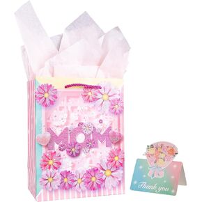 Muswarm 9in (23cm) Small Mother's Day Gift Bag,Mom and Flower Pattern Handbag, with Tissue Paper and Card, Pink, Blue, Green, Rose