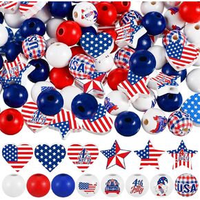 Buryeah 200 PCS 4th of July Wood Beads Beads Independence Day Wooden Beads America Flag Star Heart Round Blue Red Beads US Memorial Day Beads for Diy Jewelry Garland Netlaces Tier Tier Tier