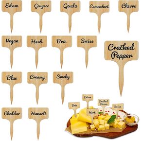 Queekay 15 Pcs Wooden Cheese Markers for Charcuterie Board Reusable Cheese Labels Marker Signs T Type Name Tag for Christmas Wedding Birthday Cocktail Parties Buffet, 2.44 x 3.94 Inch