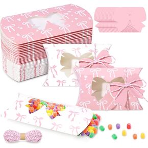 Sanixin 60 Pcs Pink Bow Mini Pillow Candy Boxes with Clear Window,Coquette Bow Treat Gift Packaging Boxes with Tags for Candy Cookies Chocolate Baby Shower Birthday Bridal Wedding Supplies (Pink)