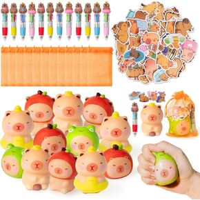 Cy2Side 12 Pack Capybara Squeeze Toys Party Set Gift ، شملت عشوائيًا بطيئًا ألعاب اسفنجي 4-في 1 ملصقات قلم الحبر وحقيبة الأورجانزا ، حزب كابيبارا غودي حقيبة مواد حشو للأطفال