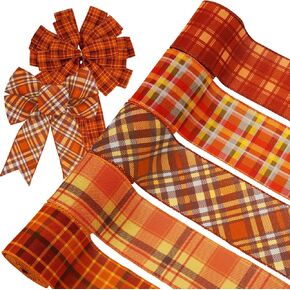 Fall Wired Edge Ribbon - 30 ياردة 2.5 في برتقالي فحص شريط النسيج لعيد الشكر هدية هدية التغليف الزهور القوس ، 5 لفة