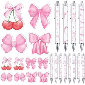 24 PCS Coquettte Pink Bow Pens Sitcky Notes Pads مجموعة الكرز preppy preppy coquettte Bow Party Favors Factly Plats Pads Pads for Birthday Hig