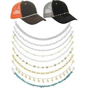 LORACOXS 9PCS Tracker Hat Chains for Women Tracker Hat Accessories, Mesh Baseball Cap Brim Chains, Trucker Hat Chains Bill Decoration, DIY Detachable Hat Jewelry