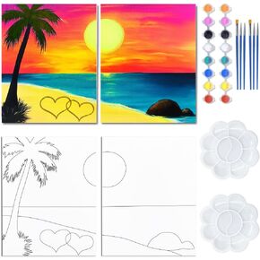 Webeedy 2 Packs Paint Paint and Sip Kit for البالغين المبتدئين ، Heart Sunset Pre Canvas طقم للأزواج Date Night Party Birthday عيد الحب ديكور المنزل ، 20 × 25 سم/8x10 '' '