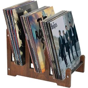 Picowe Vinyl Record Storage Holder, Wooden Display Rack for Albums, 3-Tier Black LP Record Holder with Retro Design, Holds 40-60 LP Records, Easy Assembly