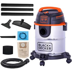 BLACK+DECKER 5 Gallon Shop Vacuum Wet and Dry, 4.0 Peak HP, Stainless Steel Tank, Small Shop Vac with Accessories for Home, Pet, Worshop and Car(BDXV18143)