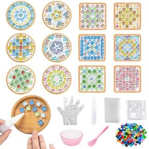 12 مجموعة من بلاط الفسيفساء الزجاجية DIY للحرف اليدوية مجموعات الفسيفساء ملونة مع السفينة الخشبية للبالغين الخيزر