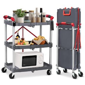 Collapsible Service Cart,3-Tier Portable Cart/Detailing Cart/Utility Carts with 2 Lockable Wheels Use for Home/Commercial/Office/Warehouse,Black, 56 Lb. Load Capacity Per Shelf-Grey