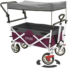 Creative Outdoor Distributor Push and Pull Double Stroller for Toddlers & Kids with Removable Canopy and Seat Belt Harnesses, Collapsible Folding Garden Cart, Adjustable Handle, Beach Wagon (Teal)