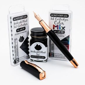 Monteverde USA Impressa Fountain Pen - قلم الذهب الوردي الأسود و 24 كيلو بايت ، 24 كيلو بايت مذهب ذهبي فاخر ، زجاجة حبر مجانية ، 24 خراطيش ، تجربة كتابة فاخرة ، مجموعة هدايا تنفيذية أنيقة