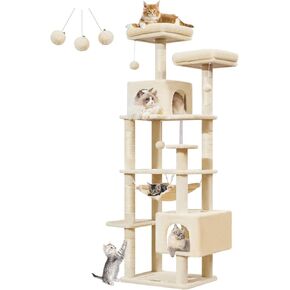 Taoqimiao Cat Tree ، برج Cat Tree Cat 68 بوصة للقطط الداخلية ، شقة القط متعددة المستويات الفخمة مع 6 وظائف خدش ، عثمان ، 2 كهوف ، أرجوحة ، 3 pompoms ، MS020SW رمادي فاتح