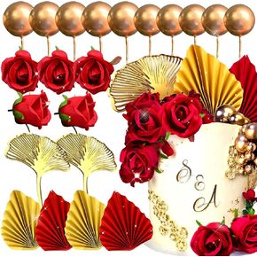 Jevenis 21 PCS Red Rose Cake Decoration Queen Cake Cake Decoration Ginkgo Palk Leaves for Wedder