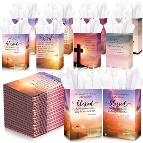 100 Sets Christian Mothers Day Gifts Bags Bulk with Tissue Religious Bible Verse Church Baptism Paper Gifts Bags for Women Mom with Handle for Easter Church Welcome Visitors, 4 Styles