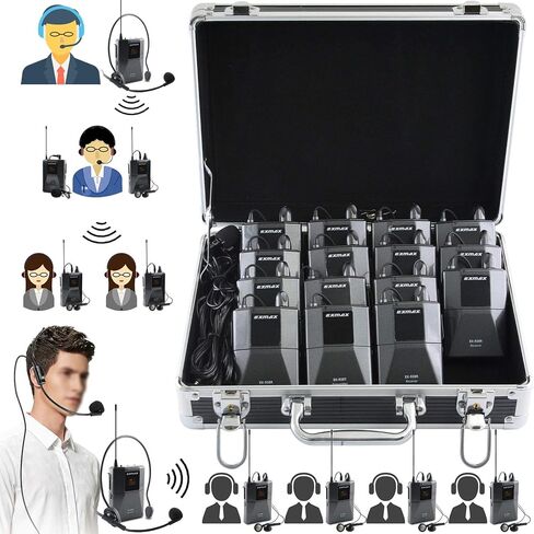 EXMAX EX-938 Wireless Headset Microphone Audio Tour Guide System for Church Translation Teaching Travel Simultaneous Interpretation.(1 Transmitter 20 Receivers with Black Aluninum Storage Case) in Kuwait