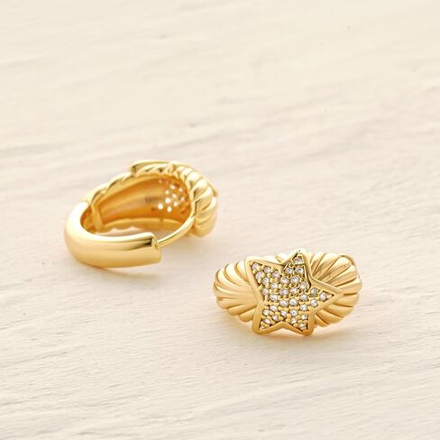 MYEARS Women Starburst Earrings Gold Huggie Hoop Triple Stars Diamond Cubic Zirconia 14K Gold Filled Small Simple Handmade Hypoallergenic Everyday Jewelry in Saudi Arabia