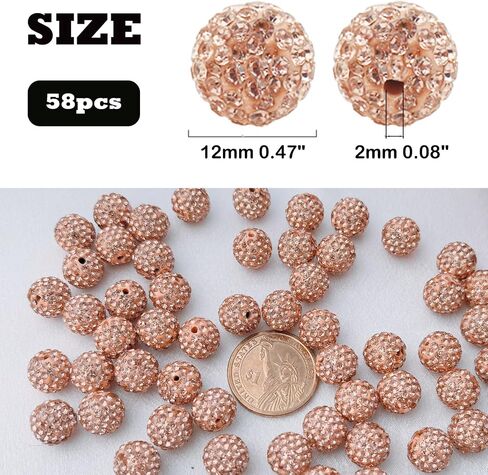 12mm Peach Clay Rhinestone Beads - 58pcs Sparkly Pave Disco Ball Round Diamond Bling Loose Spacer Beads for Jewelry Making, Bracelets, Necklaces, DIY Design and Craft Projects in Kuwait