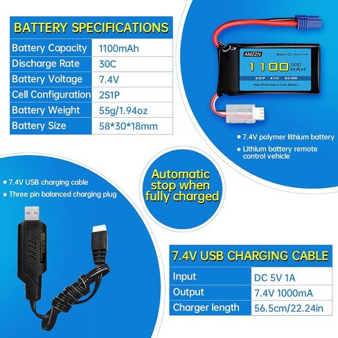 7.4V 1100mAh 2S Lipo Battery with EC2 Plug and USB for UTB18 RC Car, 4WD Unlimited Off-Road High-Performance Climbing Vehicle Battery Accessories (1PCS Battery+1USB) in Saudi Arabia