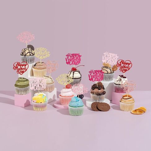 Gyufise 24pcs عيد أم سعيد Cupcake Cupcake Topcake Glitter Heart Love Mother Birthday Cupcake تختار الزخارف لأفضل أمي عشية عيد ميلاد عيد ميلاد سعيد اللوازم Multi in Kuwait