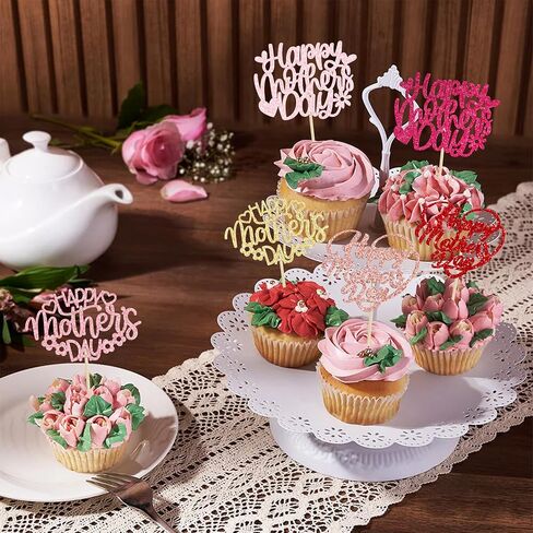 Gyufise 24pcs عيد أم سعيد Cupcake Cupcake Topcake Glitter Heart Love Mother Birthday Cupcake تختار الزخارف لأفضل أمي عشية عيد ميلاد عيد ميلاد سعيد اللوازم Multi in Kuwait