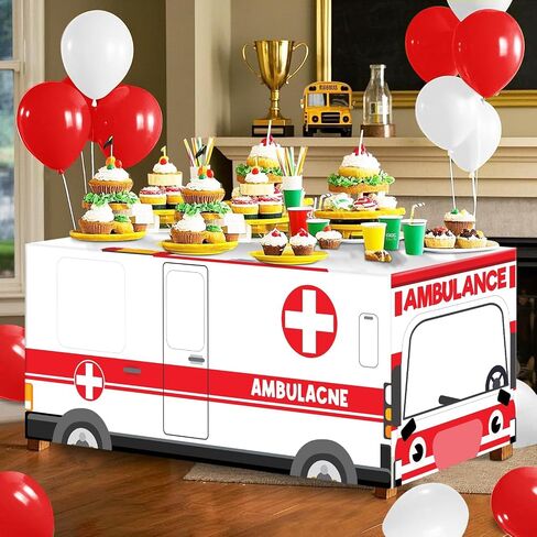 Cumule 6 Ft Ambulance Tablecloths Ambulance Theme Table Cover Birthday Party Decorations Washable Polyester Rectangle Table Cover Decor for Dinner Picnic Table Cloth School Home Decoration in Saudi Arabia