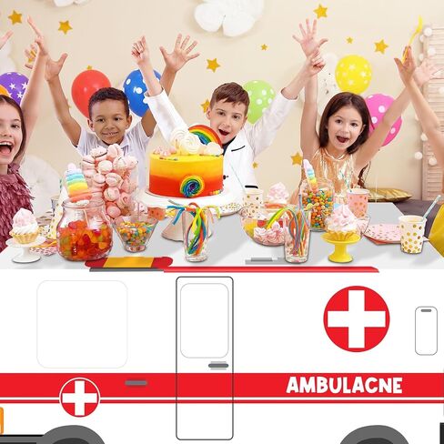 Cumule 6 Ft Ambulance Tablecloths Ambulance Theme Table Cover Birthday Party Decorations Washable Polyester Rectangle Table Cover Decor for Dinner Picnic Table Cloth School Home Decoration in Saudi Arabia