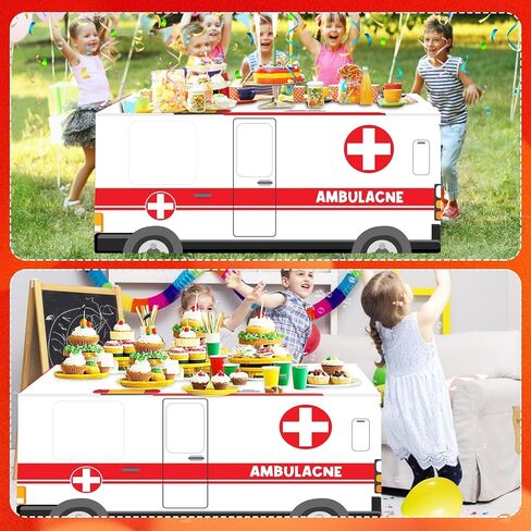 Cumule 6 Ft Ambulance Tablecloths Ambulance Theme Table Cover Birthday Party Decorations Washable Polyester Rectangle Table Cover Decor for Dinner Picnic Table Cloth School Home Decoration in Saudi Arabia