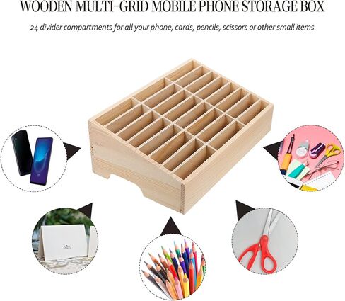24-Grid Wooden Cell Phone Organizer Box, Desktop Storage Box for Classroom and Office, Multi-Compartment Holder for Phones, Cards, and Small Items, Ideal for School Supplies and Meeting Rooms in Saudi Arabia