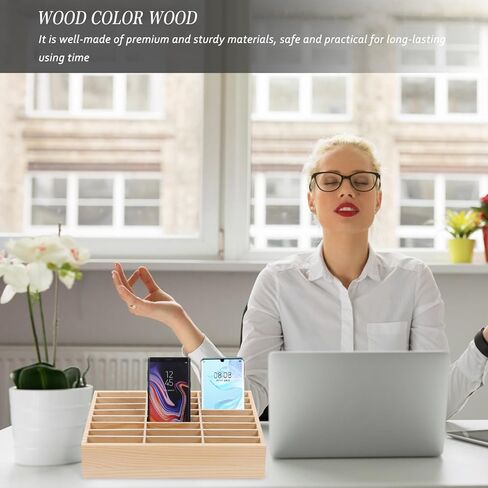 24-Grid Wooden Cell Phone Organizer Box, Desktop Storage Box for Classroom and Office, Multi-Compartment Holder for Phones, Cards, and Small Items, Ideal for School Supplies and Meeting Rooms in Saudi Arabia