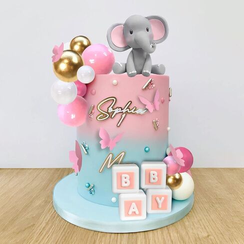 Elephant Cake Decoration Mini Elephant Cake Topper Blue BABY Letter Cake Toppers Gold Blue White Pearl Ball for Baby Shower Boy Elephant Theme Birthday Party Supplies (BLUE) in Saudi Arabia