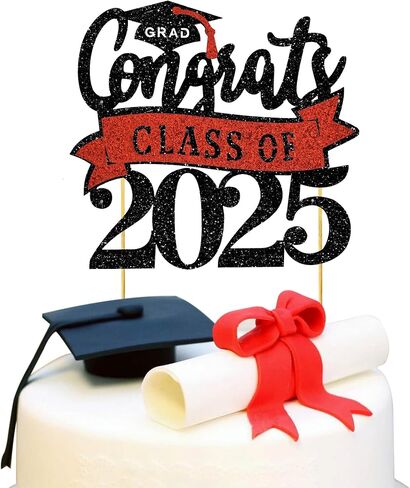 فئة Beishida Congrats من 2025 Cake Topper Black and Red Glitter Decorations للمدرسة الثانوية/الكلية/لوازم التخرج العليا in Saudi Arabia