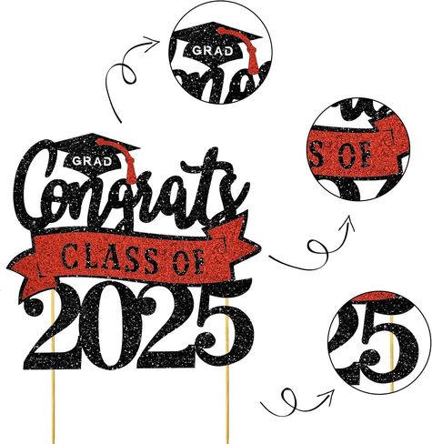 فئة Beishida Congrats من 2025 Cake Topper Black and Red Glitter Decorations للمدرسة الثانوية/الكلية/لوازم التخرج العليا in Saudi Arabia