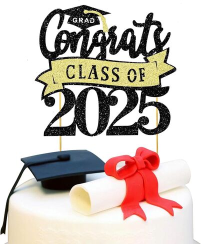 BEISHIDA Congrats Class of 2025 Cake Topper Black and Red Glitter Graduation Cake Decorations for High School/College/Senior Graduation Party Supplies in Kuwait