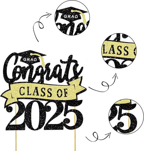 BEISHIDA Congrats Class of 2025 Cake Topper Black and Red Glitter Graduation Cake Decorations for High School/College/Senior Graduation Party Supplies in Kuwait