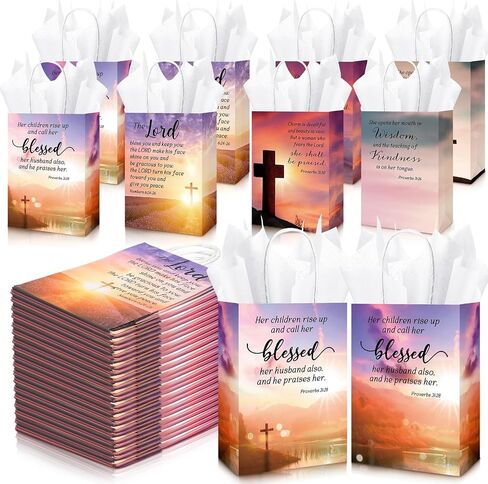 100 Sets Christian Mothers Day Gifts Bags Bulk with Tissue Religious Bible Verse Church Baptism Paper Gifts Bags for Women Mom with Handle for Easter Church Welcome Visitors, 4 Styles in Saudi Arabia