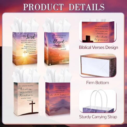 100 Sets Christian Mothers Day Gifts Bags Bulk with Tissue Religious Bible Verse Church Baptism Paper Gifts Bags for Women Mom with Handle for Easter Church Welcome Visitors, 4 Styles in Saudi Arabia