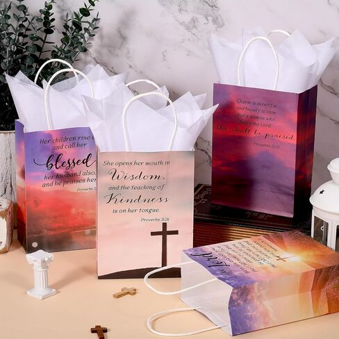 100 Sets Christian Mothers Day Gifts Bags Bulk with Tissue Religious Bible Verse Church Baptism Paper Gifts Bags for Women Mom with Handle for Easter Church Welcome Visitors, 4 Styles in Saudi Arabia