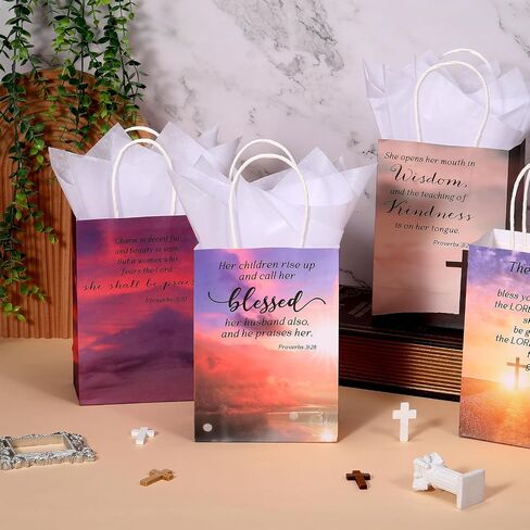 100 Sets Christian Mothers Day Gifts Bags Bulk with Tissue Religious Bible Verse Church Baptism Paper Gifts Bags for Women Mom with Handle for Easter Church Welcome Visitors, 4 Styles in Saudi Arabia