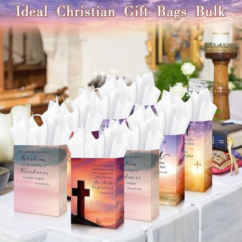 100 Sets Christian Mothers Day Gifts Bags Bulk with Tissue Religious Bible Verse Church Baptism Paper Gifts Bags for Women Mom with Handle for Easter Church Welcome Visitors, 4 Styles in Saudi Arabia