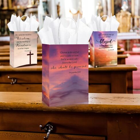 100 Sets Christian Mothers Day Gifts Bags Bulk with Tissue Religious Bible Verse Church Baptism Paper Gifts Bags for Women Mom with Handle for Easter Church Welcome Visitors, 4 Styles in Saudi Arabia
