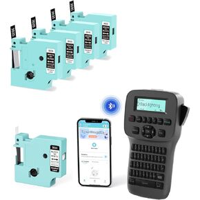 Label Maker Machine with Tape, LM1600 Gray Label Maker with 5 DZ Series Label Tape, 1/2 Inch Tape Compatible with Dymo 160 280 210D D1600 D1600D LM1600 Label Maker