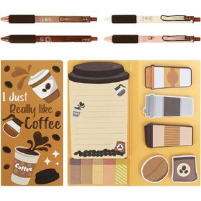 Buqoo Office Supplies Cactus Themed Stationery Set, 6 Fine Tip Gel Pens with 1 Highlighter, 1notepad with 9 Sticky Note Sheets Inside for Office School Supplies