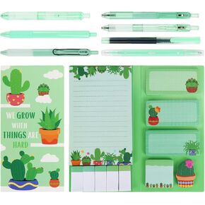 Buqoo Office Supplies Cactus Themed Stationery Set, 6 Fine Tip Gel Pens with 1 Highlighter, 1notepad with 9 Sticky Note Sheets Inside for Office School Supplies in Kuwait