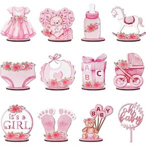 12Pcs Pink Baby Shower Decorations for Girl, Wood Girl Baby Shower Centerpieces for Tables Party Supplies, Floral Gender Reveal Girl Baby Shower Decorations Table Centerpieces